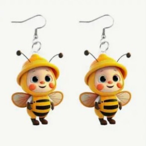 2D Flat Cute Bee Earrings High-Quality Acrylic Stainless Steel Hooks Lightweight - Picture 1 of 4